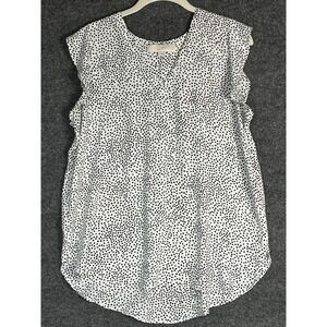 LOFT Women's Top M Medium White Black Polka Dot Ruffle Sleeve V Neck Blouse
